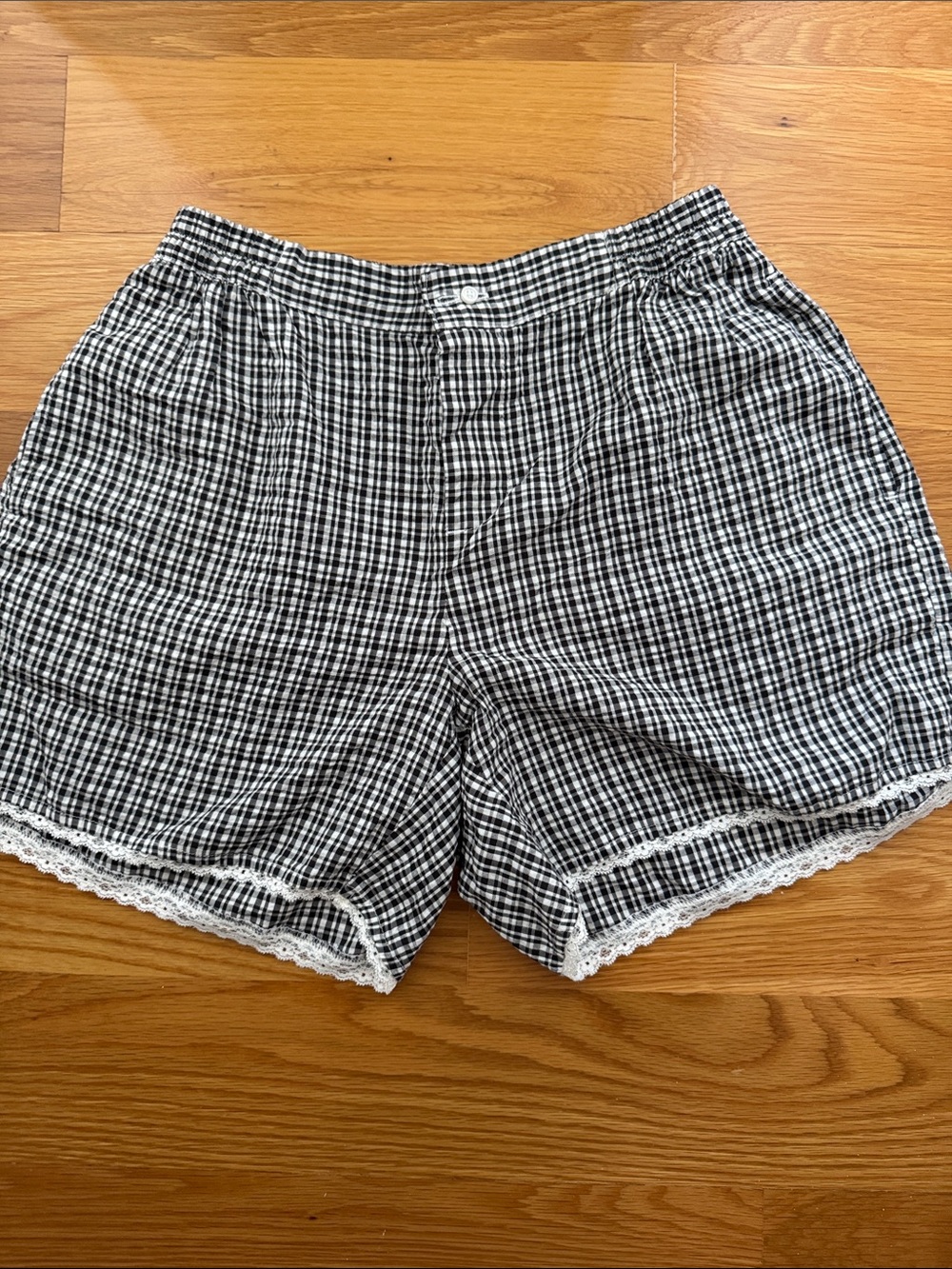 aerie Black & White Gingham Lace-Trim Shorts